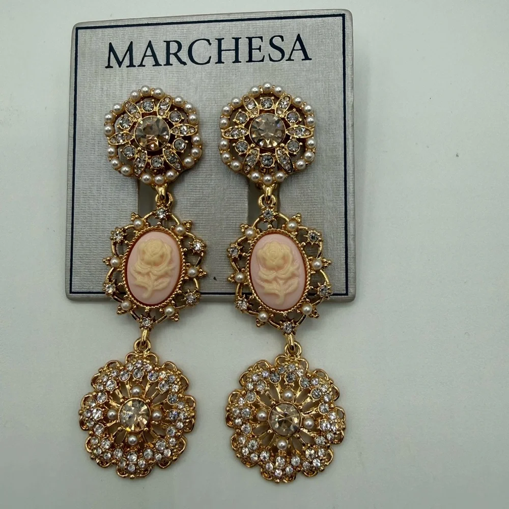Marchesa Elegant Gold Cameo Rose Drop Earrings w/ Pearls & Crystals - Picture 6 of 16